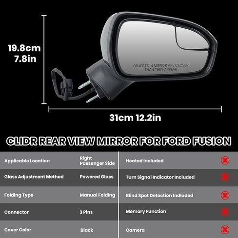 مرآة جانب الركاب متوافقة مع 2016 2017 2018 2019 2020 2021 2022 Ford Fusion Fusion Donual Fileding View View View Power Rise FS7Z-17682-B Black 3 Pins in Kuwait