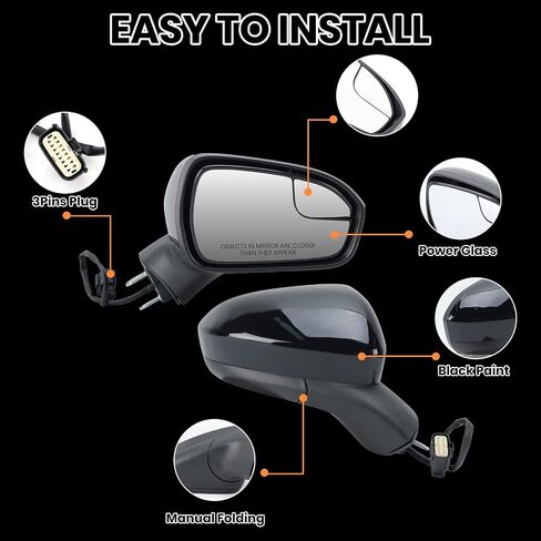 مرآة جانب الركاب متوافقة مع 2016 2017 2018 2019 2020 2021 2022 Ford Fusion Fusion Donual Fileding View View View Power Rise FS7Z-17682-B Black 3 Pins in Kuwait