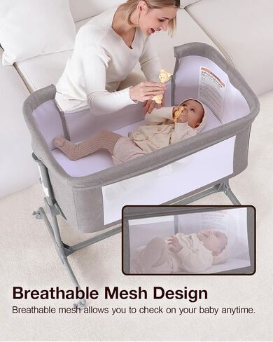 Larex Baby Bassinet ، 3 في 1 سرير سرير نائم للحديدين حديثي الولادة ، سرير محمول قابل للتعديل 7 سرير باسنيت مع مرتبة وعجلات رمادية داكنة in Kuwait