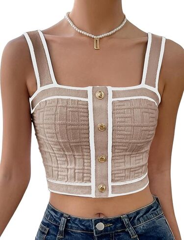 Women’s Sleeveless Knit Crop Top Square Neck Button Front Ribbed Tank Cami Fitted Stretchy Summer Layering Shirt in Saudi Arabia
