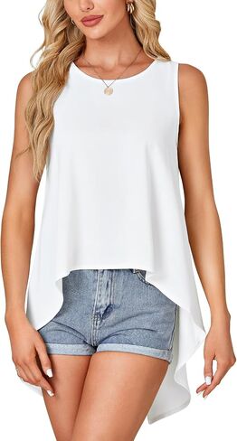 Rooscier Women's High Low Hem Sleeveless Round Neck Split Back Loose Flowy Cami Tank Top in Saudi Arabia