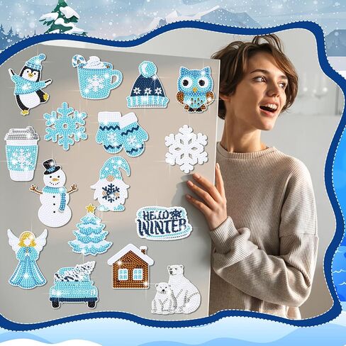 Umigy 16 Pcs Refrigerator Diamond Art Magnets 5d Snowflake Diamond Painting Magnets Art Kits Winter Fridge Magnetic Stickers for Adult Kid DIY Craft Home Car Decor in Kuwait