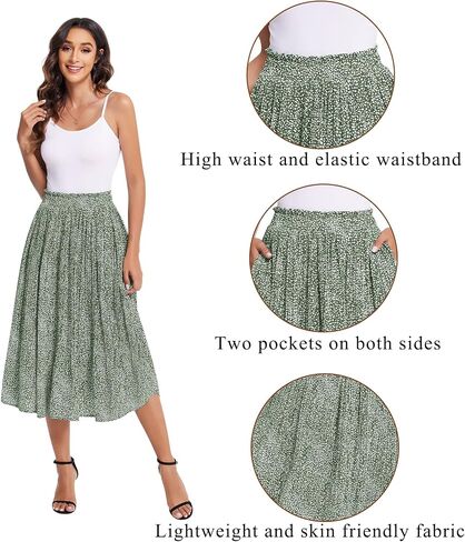 Zeagoo Women's Midi Skirts High Waisted Pleated A-Line Swing Skirts Summer Floral Long Skirts with Pockets in Saudi Arabia