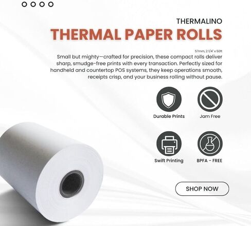(50 لفة) 2 1/4 × 50 'BPA ، استلام الورق الحراري ، قوائم استلام الورق الحراري Clover Flex POS Cash Record Paper لمحطات بطاقات الائتمان ، Mini ، 57 ملم in Kuwait