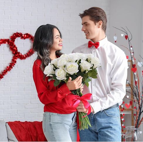 20 PCS الورود الحمراء الزهور الاصطناعية ، الورود المزيفة الزهور الحريرية بالجملة ، باقة زهرة فو مع سيقان طويلة الزفاف مركزية للزفاف الجدول باقة ديكور المنزل in Kuwait