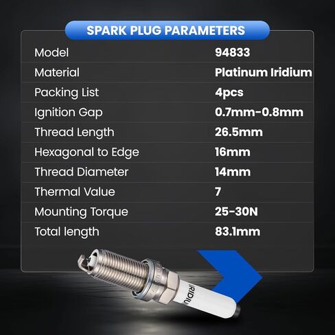 94833 Iridium Platinum Sparks Plugs 4 - متوافق مع VW Jetta و Passat و Golf و Beetle و GTI ومتوافق مع Audi A4 Allroad و A4 Quattro و Q5 و Q7 و A5 Sportback و A6 و A3 و TT Quattro & Macan in Kuwait