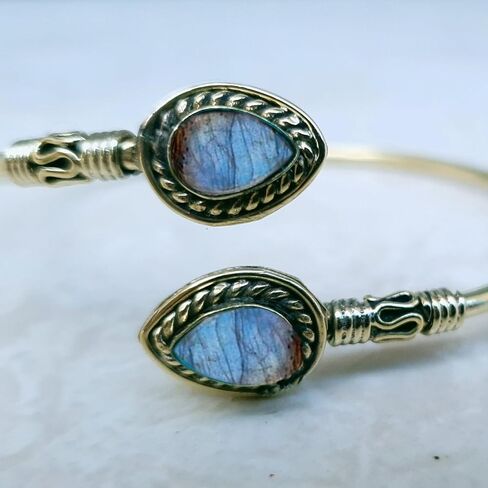 Adjustable Brass Cuff Bracelet with Pear Shaped gemstone, Ethnic Jewelry (Labradorite) in Kuwait