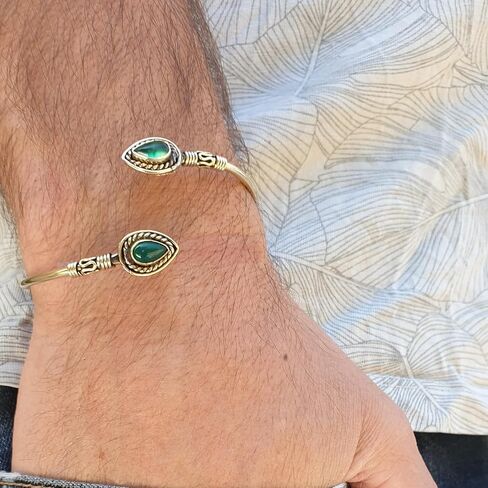 Adjustable Brass Cuff Bracelet with Pear Shaped gemstone, Ethnic Jewelry (Labradorite) in Kuwait