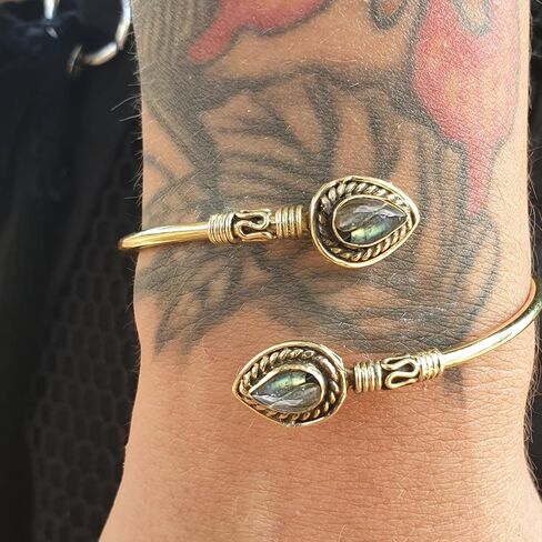 Adjustable Brass Cuff Bracelet with Pear Shaped gemstone, Ethnic Jewelry (Labradorite) in Kuwait
