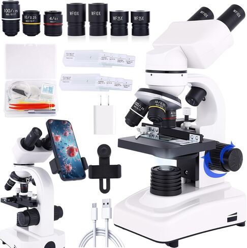 مجهر مجهر 40X-2500X WF10X و WF25X العدسة ، الإضاءة المزدوجة LED ، المجهر للبالغين معمل Home Lab in Kuwait