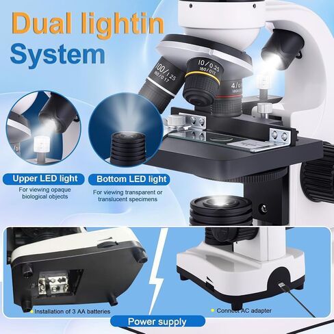 مجهر مجهر 40X-2500X WF10X و WF25X العدسة ، الإضاءة المزدوجة LED ، المجهر للبالغين معمل Home Lab in Kuwait