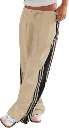 Fisoew Womens Wide Leg Pants Drawstring High Waisted Striped Baggy Palazzo Track Pants with Pockets in Saudi Arabia