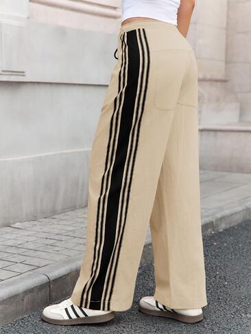 Fisoew Womens Wide Leg Pants Drawstring High Waisted Striped Baggy Palazzo Track Pants with Pockets in Saudi Arabia