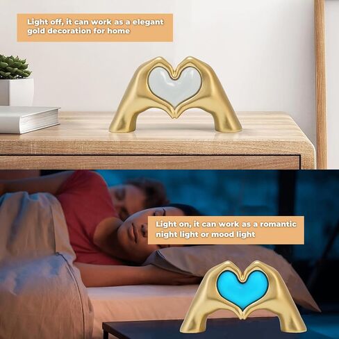 Heart Hands Sculpture Night Light, Modern Aesthetic Love Heart Statue Lamp, Gold Decoration Accents Figurines for Living Room Bedroom Bookshelf Coffee Table, Birthday Memorial Gift for Girls Mom Women in Saudi Arabia