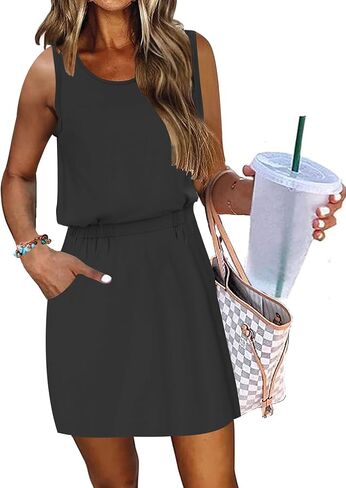 AUSELILY Women Summer Dress 2025 Casual Sleeveless Sundress Crew Neck Beach Short Dresses with Pockets in Kuwait