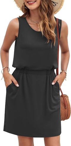 AUSELILY Women Summer Dress 2025 Casual Sleeveless Sundress Crew Neck Beach Short Dresses with Pockets in Kuwait