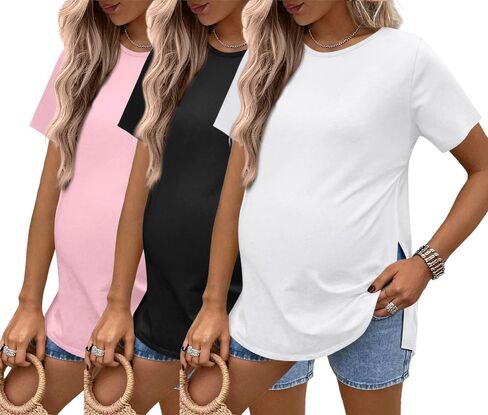 Ekouaer 3 Pack Maternity Shirts Short Sleeve Split Side Pregnancy Tops Casual Pregnant Tunic Blouse in Saudi Arabia