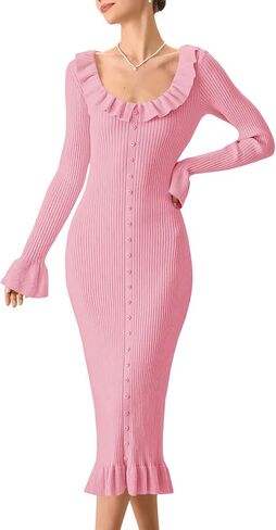 Wenrine Womens Bell Long Sleeve Sweater Dress Casual Ribbed Knit Ruffle Crewneck Decor Button Bodycon Midi Dresses in Saudi Arabia