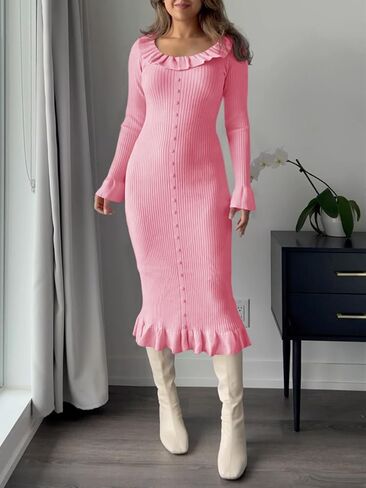 Wenrine Womens Bell Long Sleeve Sweater Dress Casual Ribbed Knit Ruffle Crewneck Decor Button Bodycon Midi Dresses in Saudi Arabia