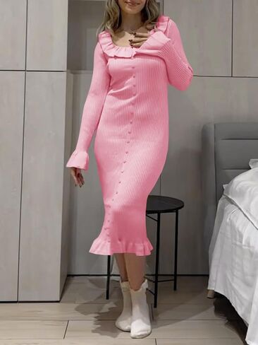 Wenrine Womens Bell Long Sleeve Sweater Dress Casual Ribbed Knit Ruffle Crewneck Decor Button Bodycon Midi Dresses in Saudi Arabia