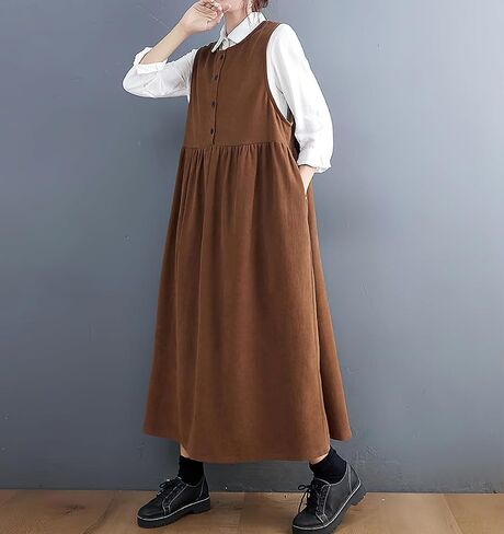 chouyatou Women's Cute Sleeveless Corduroy Overall Dress Jumper Midi Babydoll Tank Dress with Pockets in Saudi Arabia