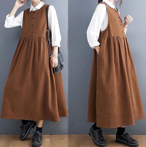 chouyatou Women's Cute Sleeveless Corduroy Overall Dress Jumper Midi Babydoll Tank Dress with Pockets in Saudi Arabia