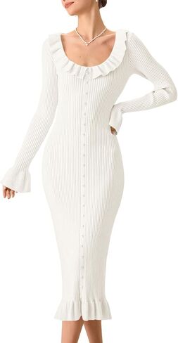 Wenrine Womens Bell Long Sleeve Sweater Dress Casual Ribbed Knit Ruffle Crewneck Decor Button Bodycon Midi Dresses in Saudi Arabia