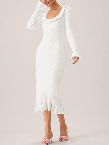 Wenrine Womens Bell Long Sleeve Sweater Dress Casual Ribbed Knit Ruffle Crewneck Decor Button Bodycon Midi Dresses in Saudi Arabia