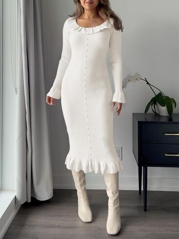 Wenrine Womens Bell Long Sleeve Sweater Dress Casual Ribbed Knit Ruffle Crewneck Decor Button Bodycon Midi Dresses in Saudi Arabia