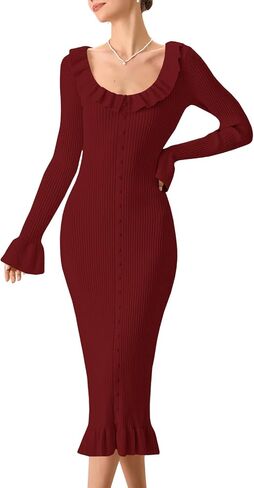 Wenrine Womens Bell Long Sleeve Sweater Dress Casual Ribbed Knit Ruffle Crewneck Decor Button Bodycon Midi Dresses in Saudi Arabia