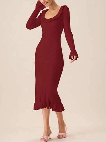 Wenrine Womens Bell Long Sleeve Sweater Dress Casual Ribbed Knit Ruffle Crewneck Decor Button Bodycon Midi Dresses in Saudi Arabia