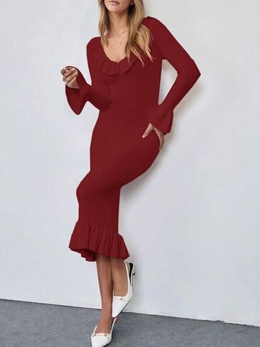Wenrine Womens Bell Long Sleeve Sweater Dress Casual Ribbed Knit Ruffle Crewneck Decor Button Bodycon Midi Dresses in Saudi Arabia