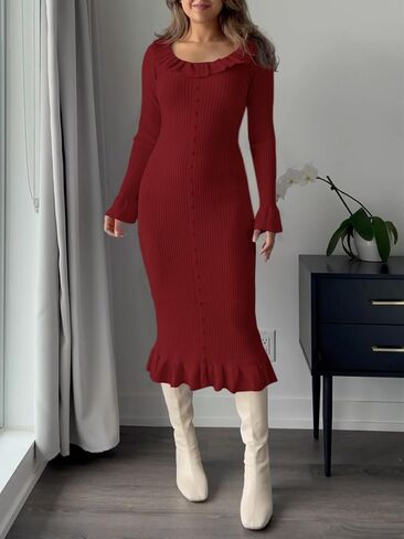 Wenrine Womens Bell Long Sleeve Sweater Dress Casual Ribbed Knit Ruffle Crewneck Decor Button Bodycon Midi Dresses in Saudi Arabia