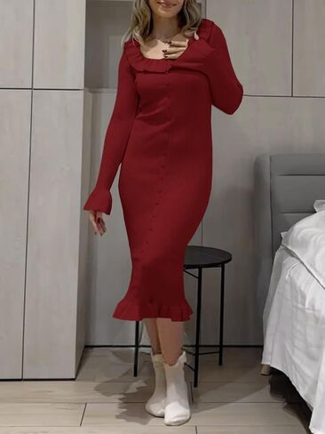 Wenrine Womens Bell Long Sleeve Sweater Dress Casual Ribbed Knit Ruffle Crewneck Decor Button Bodycon Midi Dresses in Saudi Arabia