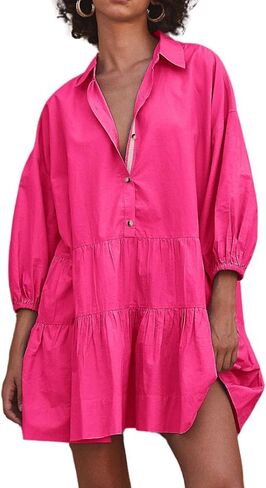 chouyatou Women's Summer Puff Sleeve Tiered Tunic Babydoll Dress Cute Mini Button Down Shirt Dress in Saudi Arabia