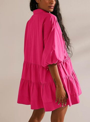 chouyatou Women's Summer Puff Sleeve Tiered Tunic Babydoll Dress Cute Mini Button Down Shirt Dress in Saudi Arabia