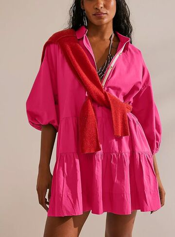 chouyatou Women's Summer Puff Sleeve Tiered Tunic Babydoll Dress Cute Mini Button Down Shirt Dress in Saudi Arabia