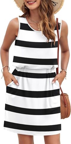 AUSELILY Women Summer Dress 2025 Casual Sleeveless Sundress Crew Neck Beach Short Dresses with Pockets in Kuwait