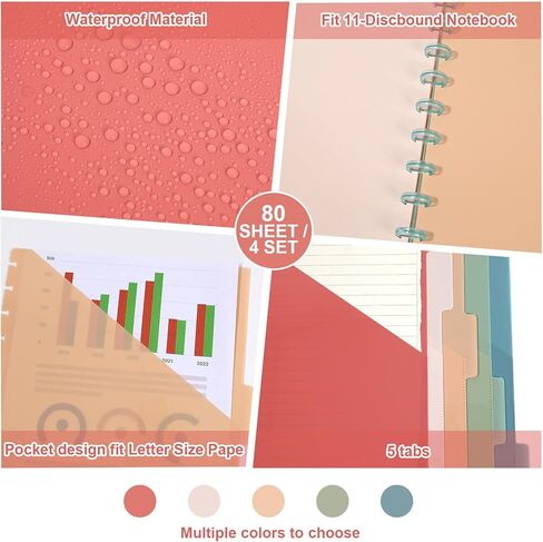 4set 5 Tab Discbound Pocket Dividers 8.5 x 11 Dividers with Pockets Discbound Pocket Folders DiscBound Binder Dividers Plastic Dividers with Tabs DiscBound Planner Supplies for Business Office(Boho) in Kuwait