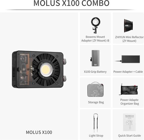 ZHIYUN MOLUS X100 Bi-Color Pro 100W Video Light [Official] V2 Upgraded Version Professional Photography Lighting Portable Continuous Output Lighting 2700K~6500K CRI≥95 TLCI≥97 for Youtuber TT Photog in Saudi Arabia