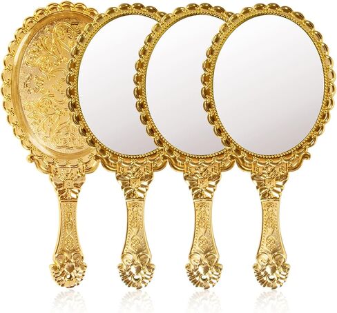 YUSONG Vintage Handheld Mirror for Makeup - 4 Pack Travel Handle Mirrors for Women Gold Embossed Flower Portable Princess Mirror Tabletop Party Classroom in Saudi Arabia