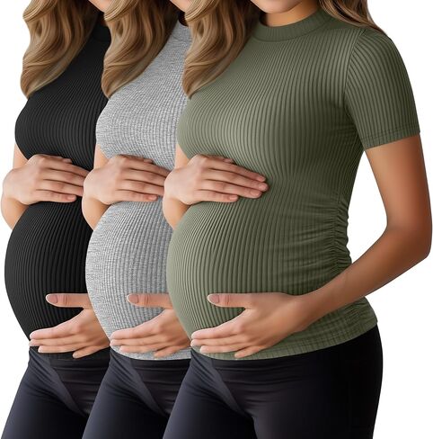 Ficerd 3 Pack 92 ٪ من القمصان المضلعة للقطن للنساء ، وهمية من الطبقات اليرقان القمامة القصيرة القصيرة الحمل القصيرة. in Saudi Arabia
