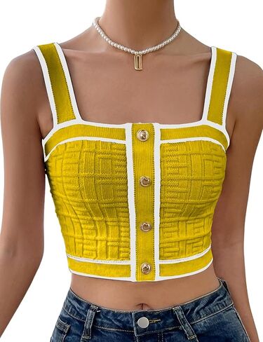 Women’s Sleeveless Knit Crop Top Square Neck Button Front Ribbed Tank Cami Fitted Stretchy Summer Layering Shirt in Saudi Arabia