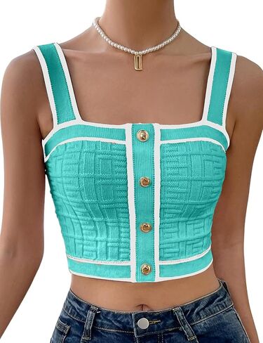Women’s Sleeveless Knit Crop Top Square Neck Button Front Ribbed Tank Cami Fitted Stretchy Summer Layering Shirt in Saudi Arabia