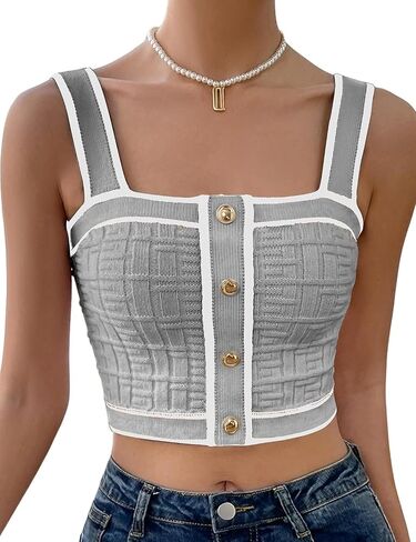 Women’s Sleeveless Knit Crop Top Square Neck Button Front Ribbed Tank Cami Fitted Stretchy Summer Layering Shirt in Saudi Arabia