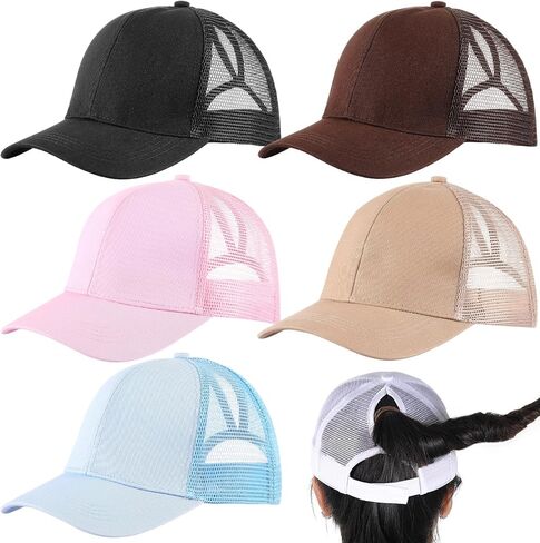 JECERY 6 PCS Trucker Hats قبعات ذيل حصان بالنساء للنساء قبعة بيسبول مع الكعكة العالية القابلة للتعديل للرياضة في الهواء الطلق متعدد الألوان in Kuwait