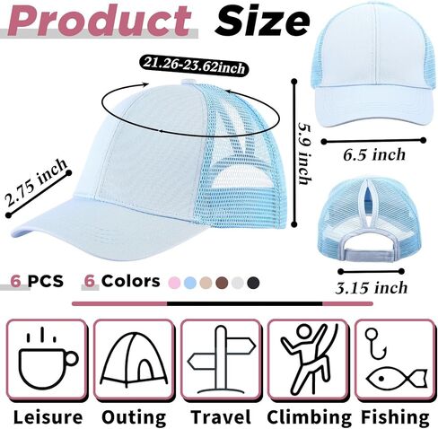 JECERY 6 PCS Trucker Hats قبعات ذيل حصان بالنساء للنساء قبعة بيسبول مع الكعكة العالية القابلة للتعديل للرياضة في الهواء الطلق متعدد الألوان in Kuwait