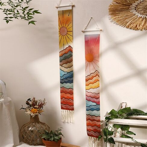 2Pack Boho Macrame Wall Gall Decor Set ، Southwest Bohemian Handmian Handmant Sun & Moon Mounta Mountain Geography Tapestry مع شرابة طويلة ، زخرفة قوس قزح الغجري لزخارف الحضانة فتاة in Saudi Arabia