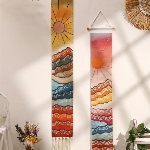 2Pack Boho Macrame Wall Gall Decor Set ، Southwest Bohemian Handmian Handmant Sun & Moon Mounta Mountain Geography Tapestry مع شرابة طويلة ، زخرفة قوس قزح الغجري لزخارف الحضانة فتاة in Saudi Arabia