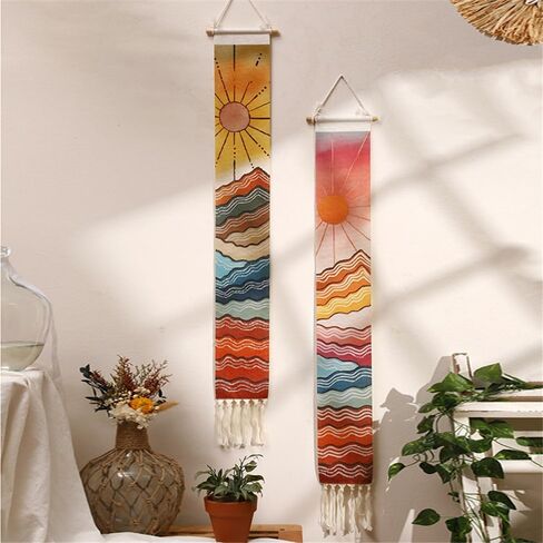 2Pack Boho Macrame Wall Gall Decor Set ، Southwest Bohemian Handmian Handmant Sun & Moon Mounta Mountain Geography Tapestry مع شرابة طويلة ، زخرفة قوس قزح الغجري لزخارف الحضانة فتاة in Saudi Arabia